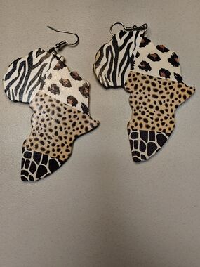 Africa Map Patchwork Animal Print Drop Earrings - Black, White & Tan